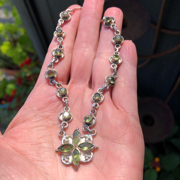 Peridot and sterling silver flower necklace on custom peridot chain